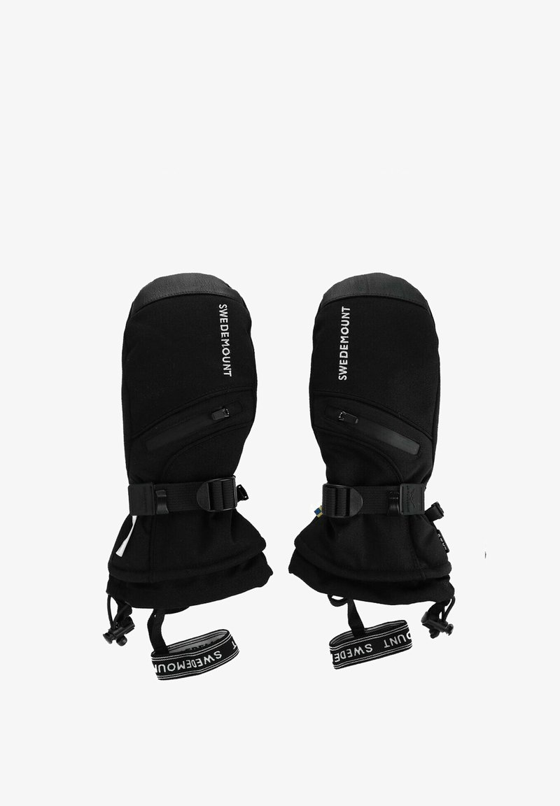 Schwarze Fäustlinge mit gepolstertem Design, ausgestattet mit grauem Oberteil und verstellbaren Riemen. Enthält eine Reißverschlusstasche für zusätzlichen Komfort und ein Logo.