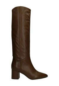Bruine leren kniehoog laars met een puntige neus en een chunky blokhak. Glad oppervlak met minimale stiksels en geen zichtbare patronen.