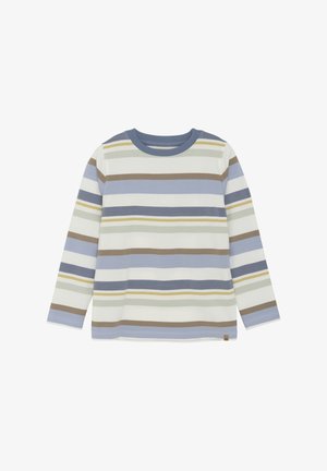 Langsleeve shirt met horizontale strepen in blauw, bruin, groen en crème. Gemaakt van katoen met een ronde halslijn en een klein logo label.