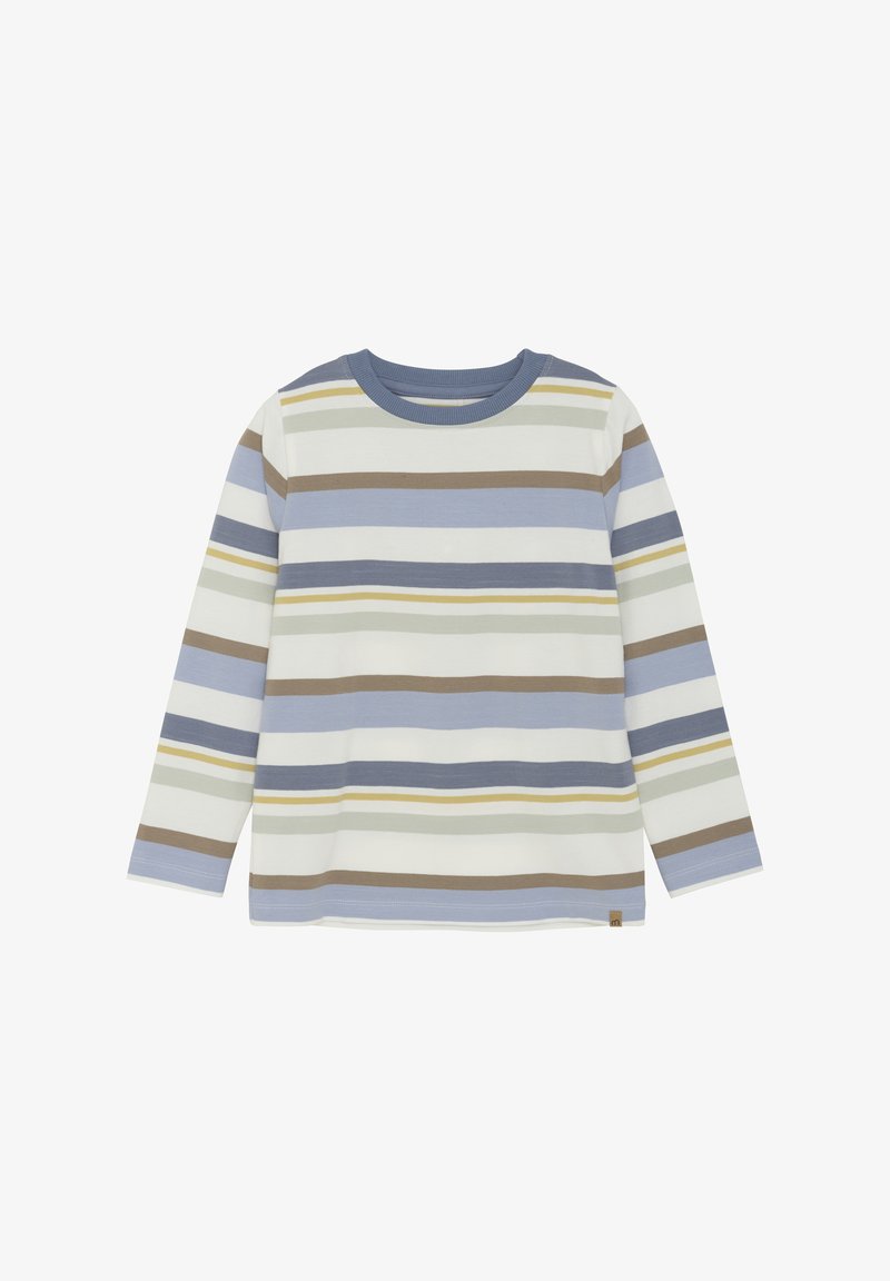 Long-sleeve shirt featuring horizontal stripes in blue, brown, green, and cream. Cotton material with a round neckline and a small logo tag.