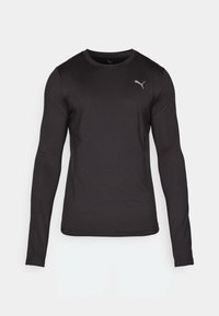 Svart langermet treningsskjorte med rund hals, tettsittende design og liten Puma-logo øverst til venstre på brystet.