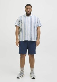 Camisa de manga corta con cuello, con rayas verticales azules y verdes, combinada con pantalones cortos azul marino. Tejido ligero, con cierre de botones al frente.