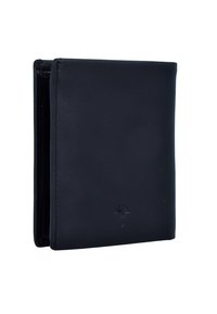 Portafoglio in pelle nera con una superficie liscia, caratterizzato da un sottile disegno in rilievo nella parte inferiore. Forma compatta a bi-fold, elegante e minimalista.