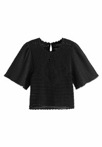 Blusa nera con un corpetto in crochet testurizzato, scollatura quadrata, maniche a sbuffo corte e chiusura a chiave sul retro.