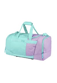Borsa a duffle con un design bicolore; principalmente verde menta e lavanda. Presenta manici superiori, un compartimento con zip e un tessuto resistente.