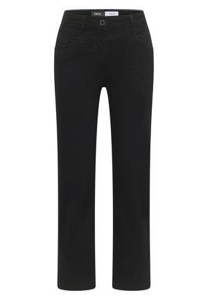 Pantaloni in denim nero con un design a gamba dritta, tasche frontali, chiusura con bottone e zip, e dettagli di cucitura a contrasto.