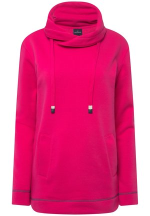 Rosa pullover med høj funnel neck, justerbare snoretræk og en frontlomme. Blødt stof med en glat tekstur og stikninger.