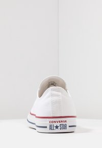 Valkoinen kangaskengä, jossa on matala leikkaus, kumipohja, punaiset ja siniset yksityiskohdat sekä "CONVERSE ALL STAR" -merkintä kantapäässä.