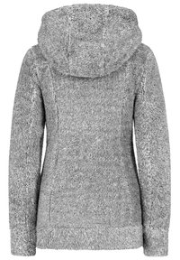 Gray fleece hoodie with a soft, textured exterior, a large hood, and a relaxed fit. Features flat seams and no visible hardware.