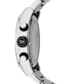 Orologio in acciaio inossidabile argentato con cassa rotonda, corona e pulsanti neri, e un bracciale liscio. Il retro è piatto e segnato con il logo del marchio.