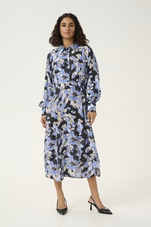 Floral dress with a collar, featuring blue, black, and cream colors. Loose fit, long sleeves, mid-calf length, and textured fabric.