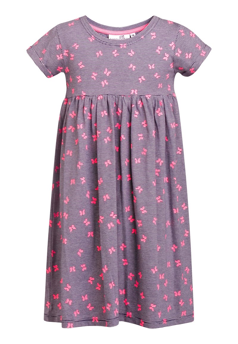 Lyhythihainen mekko harmaakuvioisena ja vaaleanpunaisena perhoskuvioinnilla, jossa on kerrostettu vyötärö ja valuva hame. Pehmeä puuvillakangas.