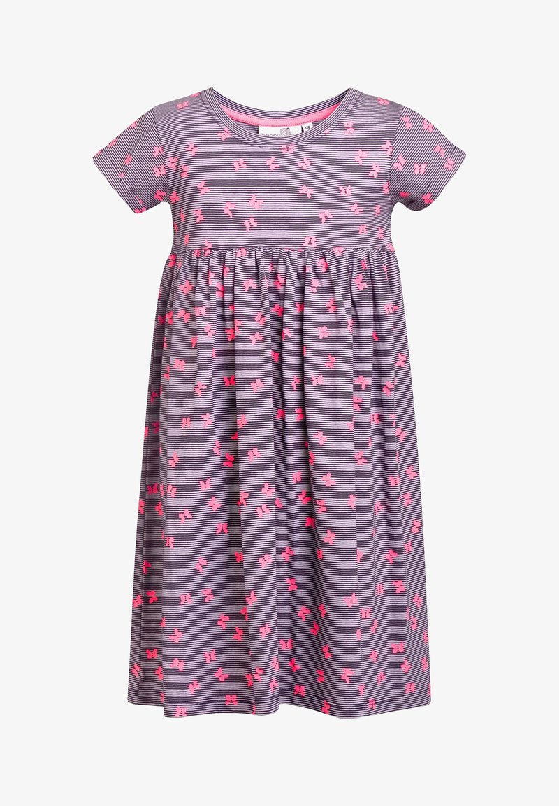 Šaty s krátkým rukávem v šedé a růžové pruhované barvě s motivem motýlů, s nařaseným pasem a splývavou sukní. Měkká bavlněná tkanina.