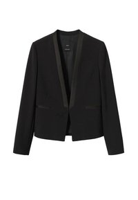 Černý blazer s elegantním, zkráceným střihem. Vybaven saténovým klopou, dvěma předními kapsami a hladkým povrchem. Žádné spony nejsou viditelné.