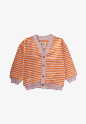 Cardigan a righe arancioni e rosa con scollo a V, maniche lunghe, cinque bottoni in legno e polsini e orlo a coste. Realizzato in tessuto morbido.