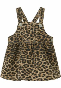 Denimkjole i leopardprint med en udskåret nederdel, justerbare stropper og metalliske tryklåse. Har et blødt, struktureret stof i brun og sort.
