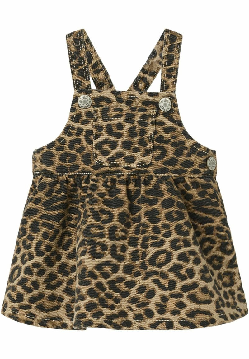 Denimkjole i leopardprint med en udskåret nederdel, justerbare stropper og metalliske tryklåse. Har et blødt, struktureret stof i brun og sort.