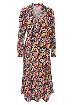 Robe florale en marine foncé, avec des manches longues, un col en V et une taille accentuée. Imprimée de motifs floraux orange, jaune et bleu.