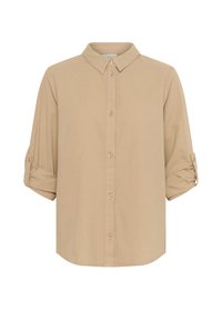 Beige overhemd met knopen en een klassieke kraag, opgerolde mouwen en een rechte zoom. Gemaakt van een zachte, gestructureerde stof.