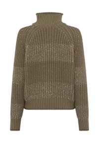 Brauner gestrickter Pullover mit hohem Kragen, der ein strukturiertes Muster und horizontale, hellere Streifen aufweist. Kürzere Länge und gerippte Bündchen.