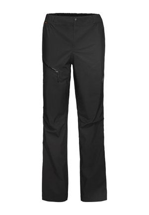 Pantalons noirs imperméables avec une taille élastique, poche latérale zippée et un design à jambe droite. Texture lisse, matériau léger.