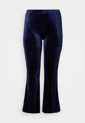 Pantaloni svasati blu navy realizzati in materiale morbido e vellutato; presentano una texture liscia e una vita aderente senza decorazioni.