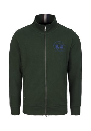 Green zip-up jacket in cotton blend, featuring a high collar, side pockets, and blue embroidered logo on the chest. Ribbed cuffs and hem.