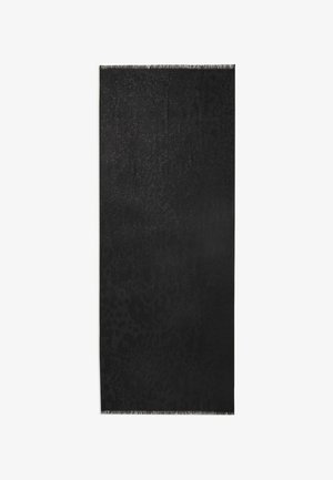 Mustaline ristkülikukujuline sall, millel on peen leopardimuster ja narmastega äärised, valge tausta peal.