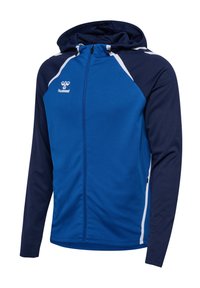 Niebieska i granatowa sportowa kurtka zapinana na zamek z kapturem, długimi rękawami, białym obszyciem na ramionach i bokach oraz małym białym logo na piersi.