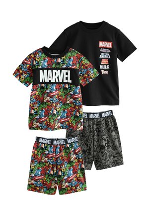Two Marvel-themed kids’ outfits with short-sleeve tees and shorts; one colorful character print, the other black with character names and logos.