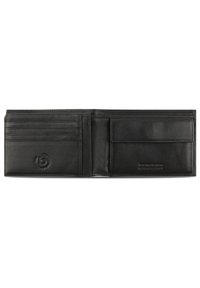Black leather wallet with multiple card slots, a secure compartment, and embossed branding. Soft texture, minimal design. Opened flat.