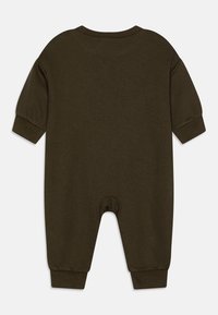 Olive green, long-sleeve jumpsuit with a round neckline and elastic cuffs. Soft fabric, features a snap closure at the bottom for easy dressing.