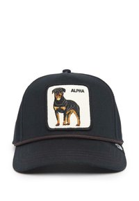 Black cap with a flat brim, featuring an embroidered patch of a Rottweiler and the word "ALPHA" above it. The patch is white with colored details.
