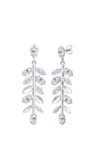 Silberne Tropfohrringe, gestaltet wie Blattzweige, mit mehreren klaren, rautenförmigen und ovalen Kristallen, die in einer zarten Anordnung gefasst sind.