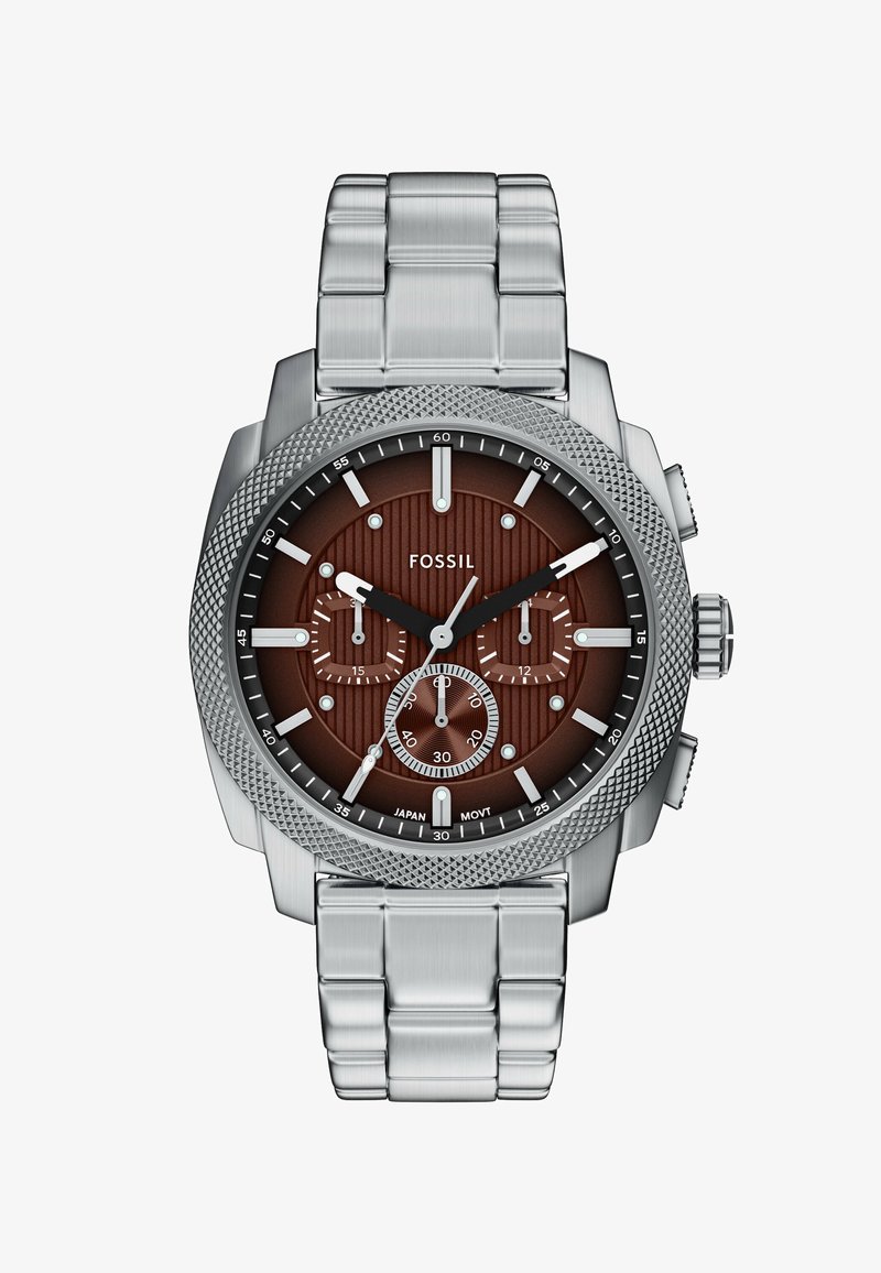 Silberner Edelstahl-Watch mit einem dunkelbraunen strukturierten Zifferblatt, drei Unterzifferblättern und weißen Stundenmarkierungen. Verfügt über eine geriffelte Lünette und ein Metallarmband.