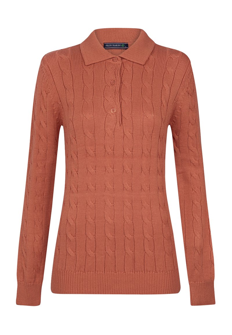 Langärmliger Poloshirt-Pullover in Terracotta mit Zopfmuster, dreiknöpfiger Knopfleiste und gerippten Bündchen und Saum.