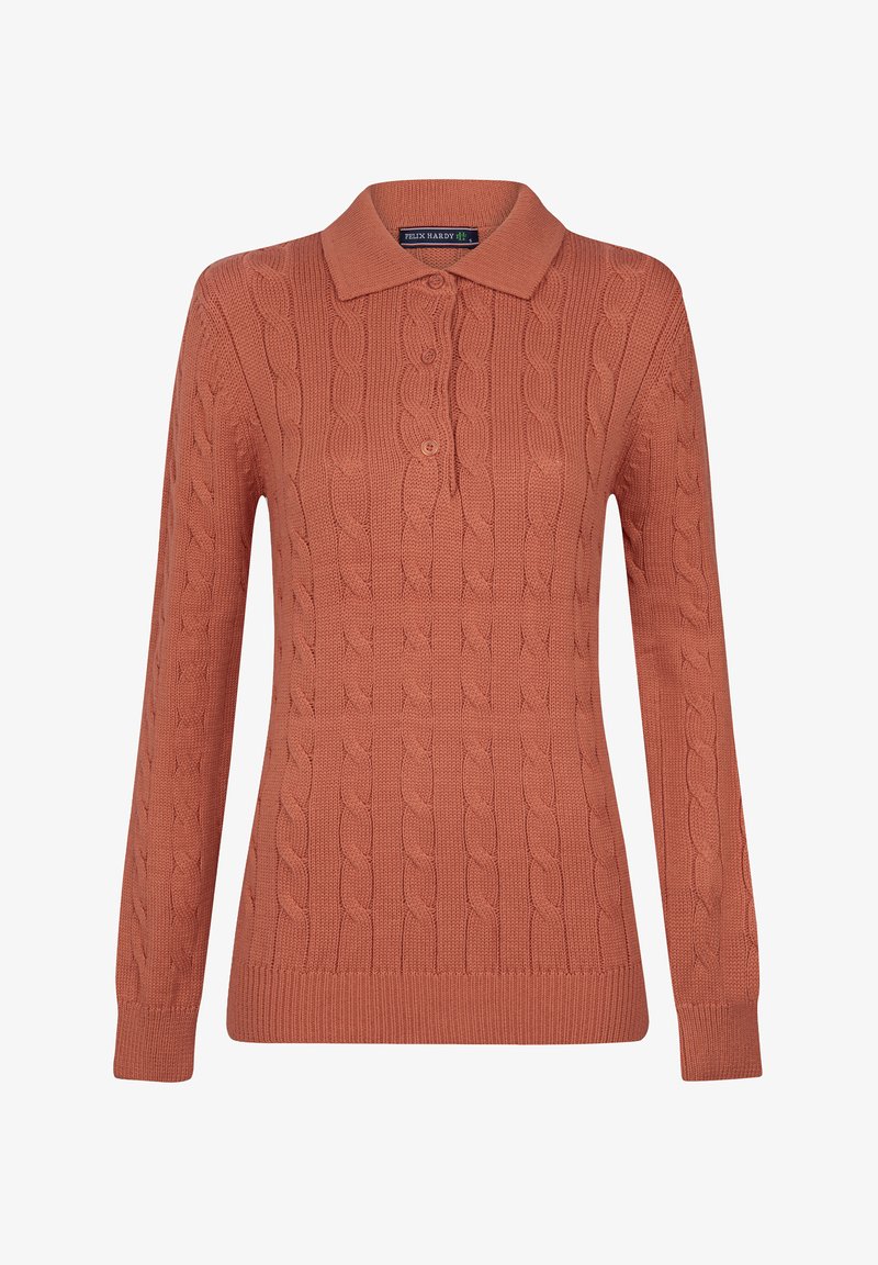 Langarm polo sweater in terracotta met kabelbreipatroon, drieknoopsluiting en ribgebreide manchetten en zoom.
