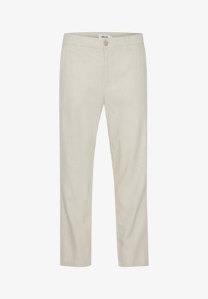 Beige Leinenhose mit geradem Schnitt, ausgestattet mit zwei vorderen Taschen, einem einzigen Knopfverschluss und einer glatten Textur.
