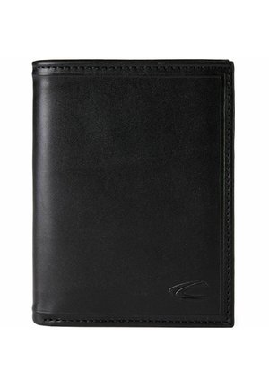 Cartera bifold de cuero negro con costuras limpias y un pequeño logo grabado en la esquina inferior derecha.