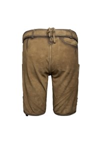 Shorts en cuir marron avec une texture lisse, comprenant une taille élastiquée avec cordon de serrage, des poches latérales et des détails cousus le long des coutures.