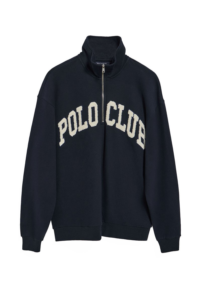 Mörkblå zip-up sweatshirt med hög krage och "POLO CLUB" broderat i krämfärgat. Tillverkad av mjukt material med ribbade muddar.