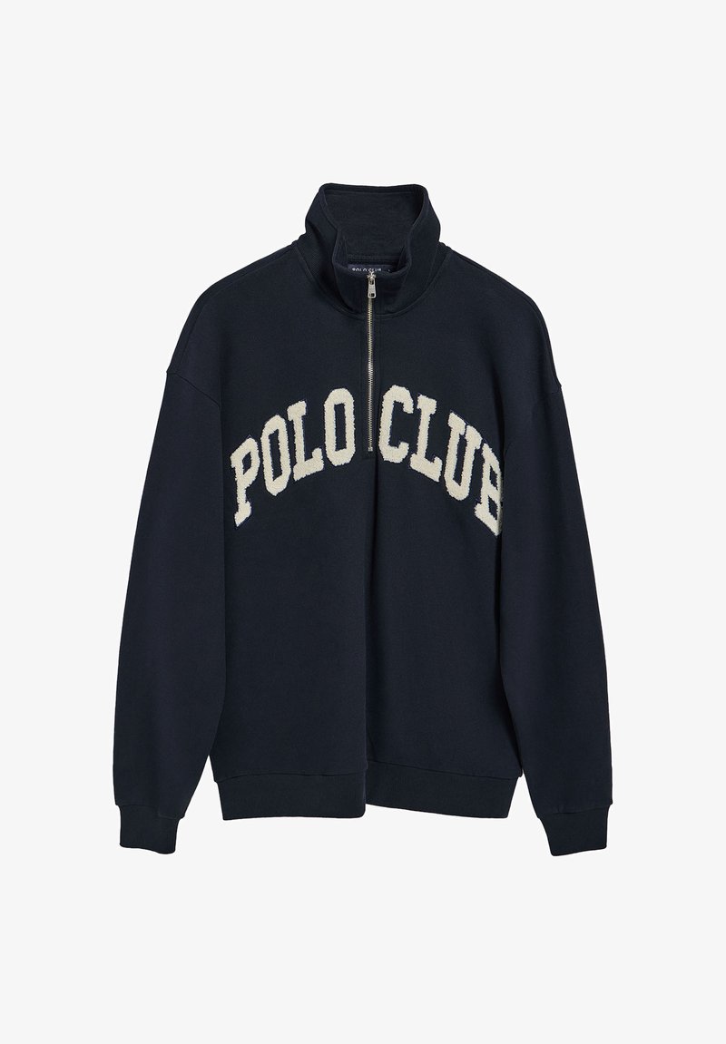Felpa zip nera scura con colletto alto e ricamo "POLO CLUB" in crema. Realizzata in tessuto morbido con polsini a coste.