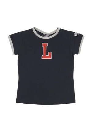 T-shirt noir à manches courtes avec des bordures grises et un grand L rouge bordé de blanc sur le devant.