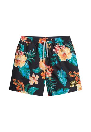 Shorts de bain noirs avec un imprimé floral tropical vibrant en orange, jaune et vert. Comprend une taille élastique et un cordon de serrage. Logo de la marque inclus.