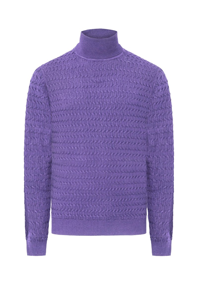 Maglione a collo alto viola con un design lavorato a maglia testurizzato. Presenta polsini e orlo a costine, realizzato in un tessuto morbido. Vestibilità classica.