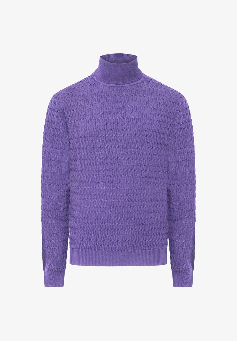 Lila Rollkragenpullover mit strukturiertem Strickdesign. Verfügt über gerippte Bündchen und Saum, gefertigt aus einem weichen Stoff. Klassische Passform.