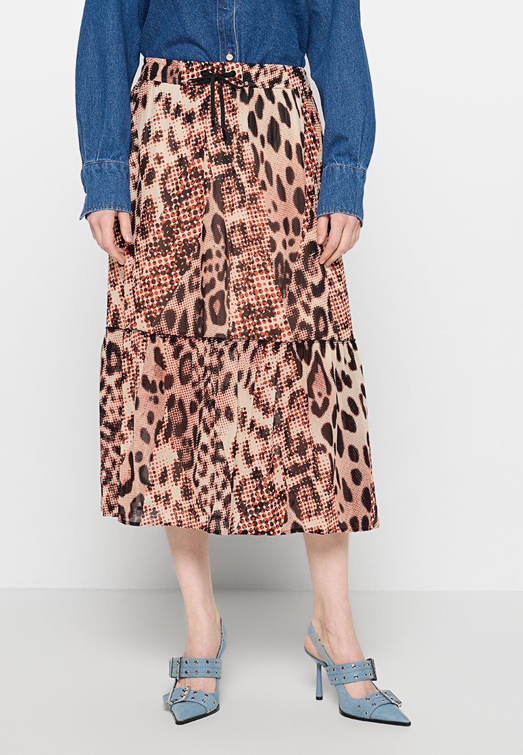 Uitlopende midi-rok met een luipaardprint in tinten beige, bruin en koraal, met een gelaagd ontwerp en een verstelbare trekkoord taille.