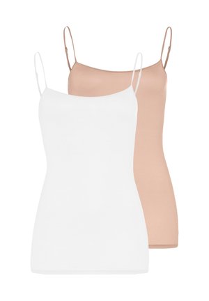 Camisoles blanches et beiges pour femmes avec fines bretelles ajustables, présentées sur un fond blanc uni.