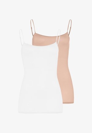 Camisoles blanches et beiges pour femmes avec fines bretelles ajustables, présentées sur un fond blanc uni.