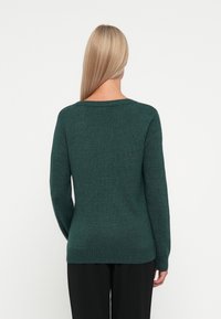 Mørkegrønn strikkegenser med bred utringning, lange ermer og ribbestrikket kant. Myk tekstur og enkelt design uten mønstre eller dekorasjoner.